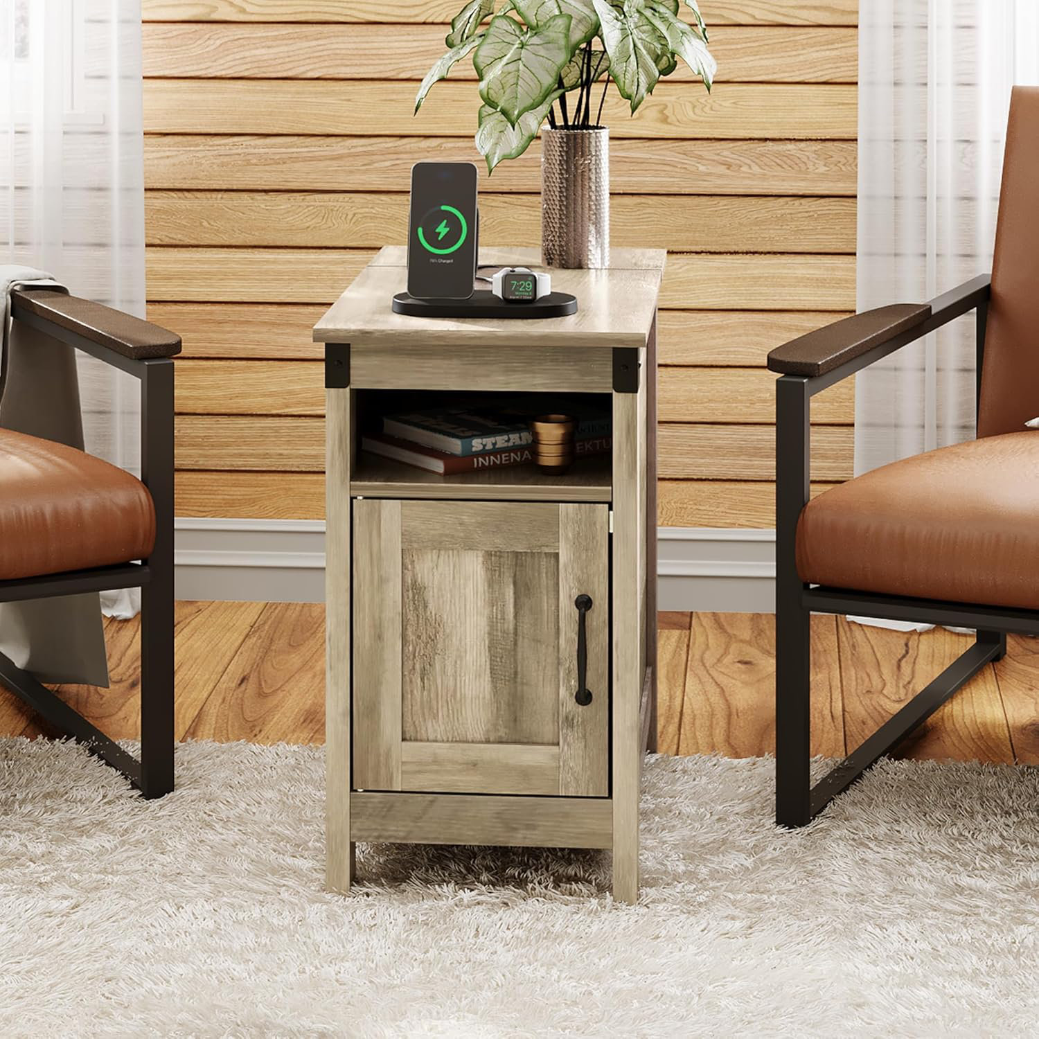 Farmhouse Narrow Side End Table with Charging Station for Living Room Bedroom Couch with USB Ports and Outlets Nightstand with Storage Millwood